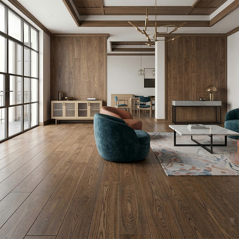 Pavimento in legno massello laccato UV frassino bianco marrone scuro